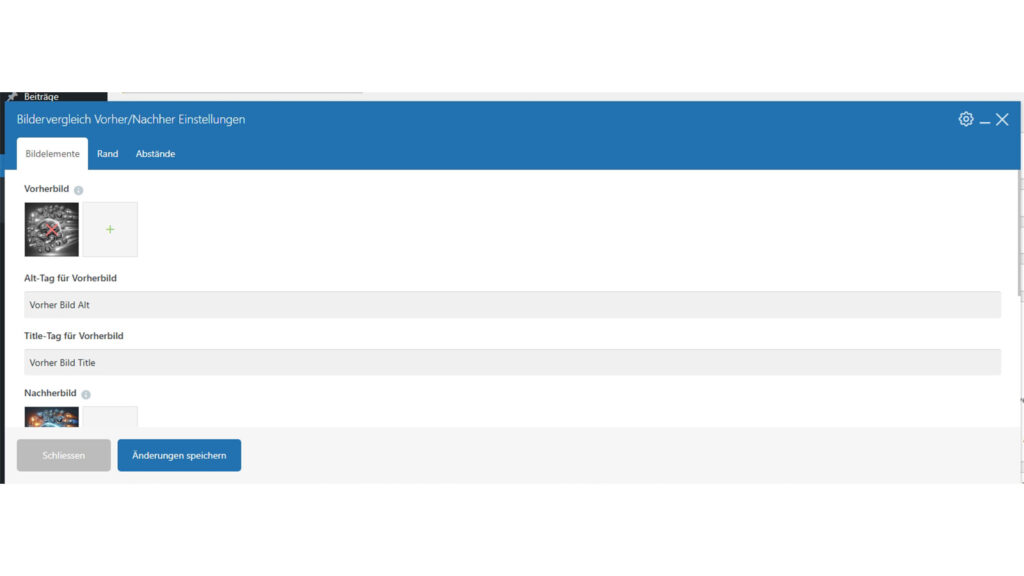 Über die übersichtliche Einstellungsmaske lassen sich Vorher- und Nachher-Bilder sowie Alt- und Title-Tags bequem verwalten und anpassen.