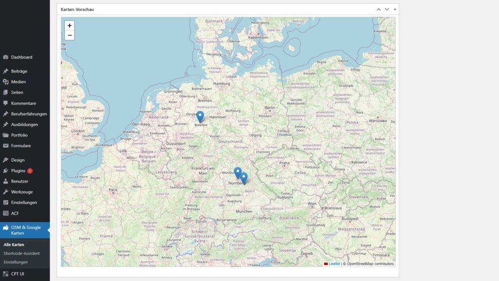 Die Karte zeigt automatisch alle gespeicherten Standorte und ermöglicht eine dynamische Navigation und Zoom-Funktion – komplett auf Basis von OpenStreetMap.