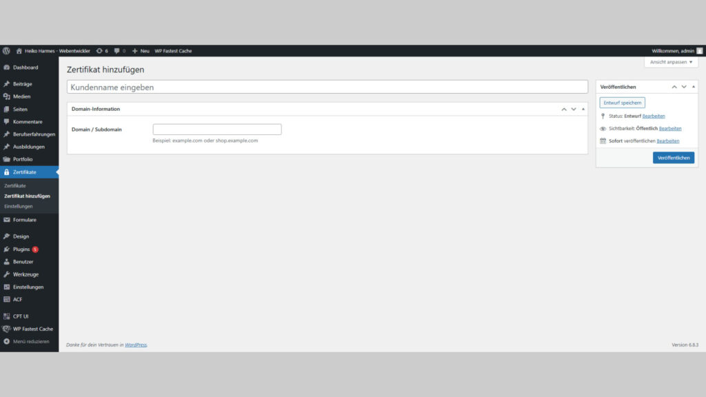 Intuitive Maske zum Hinzufügen neuer Domains inklusive Kundenzuordnung und automatischer Zertifikatsprüfung.