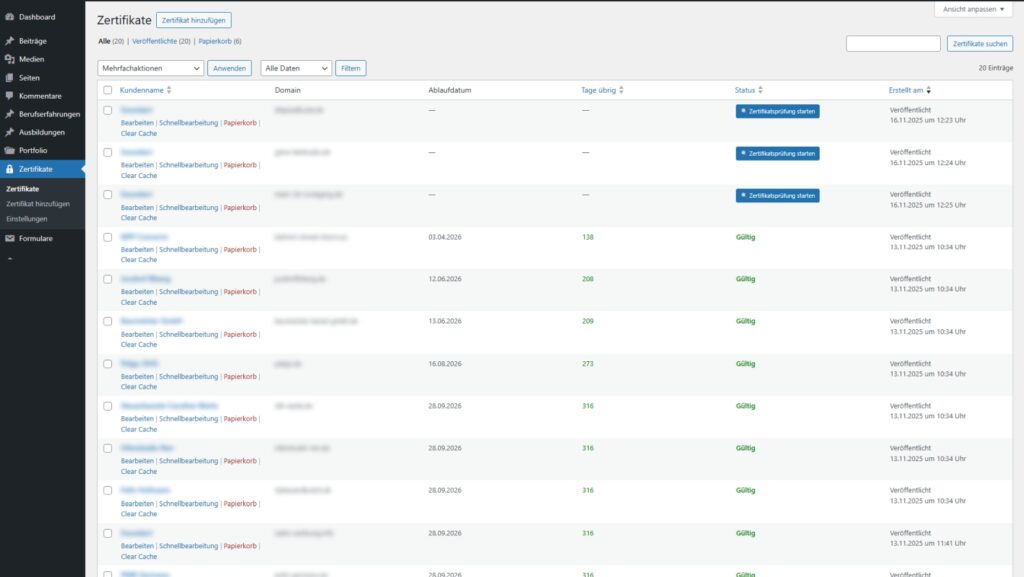 Zentrale Übersicht aller überwachten SSL-Zertifikate mit Status, Restlaufzeit und direkter Prüfungsfunktion.